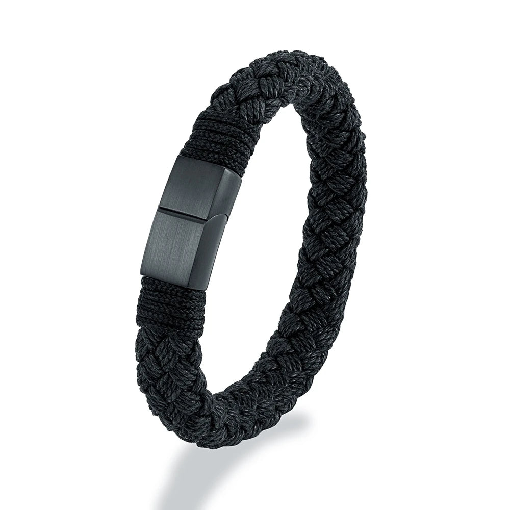Black braided bracelet with a metallic clasp on a white background