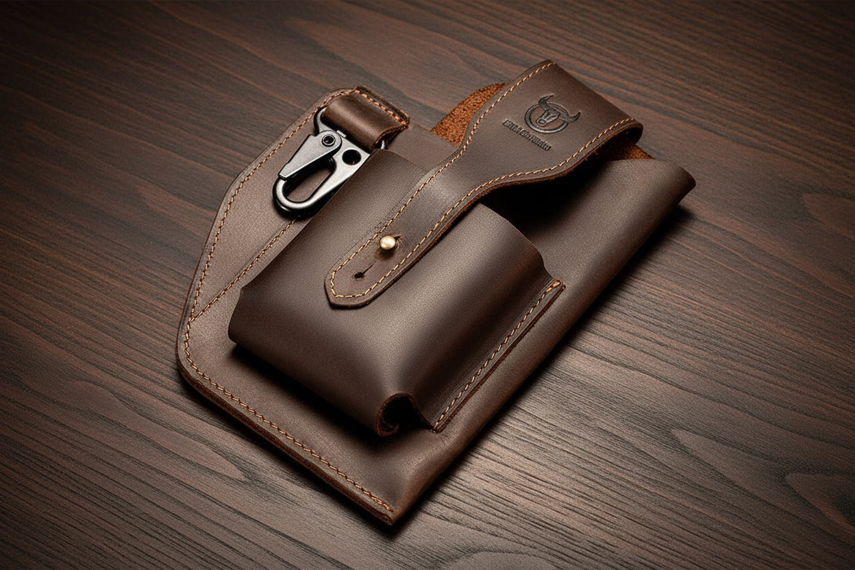 Brown leather pouch with a buckle on a wooden surface, featuring the Bullcaptain brand.