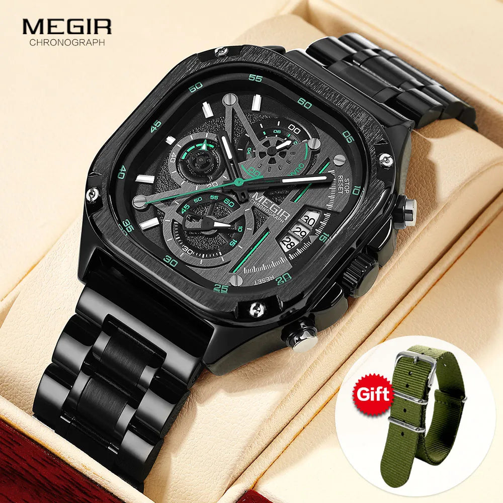 Original MEGIR Black Quartz Men Waterproof Square Dial Wristwatch with Chronograph - Man Gifts Shop