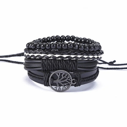 3-4pcs Vintage Leather Bracelet Set for Men – Tree of Life & Beaded Wrap Bangles