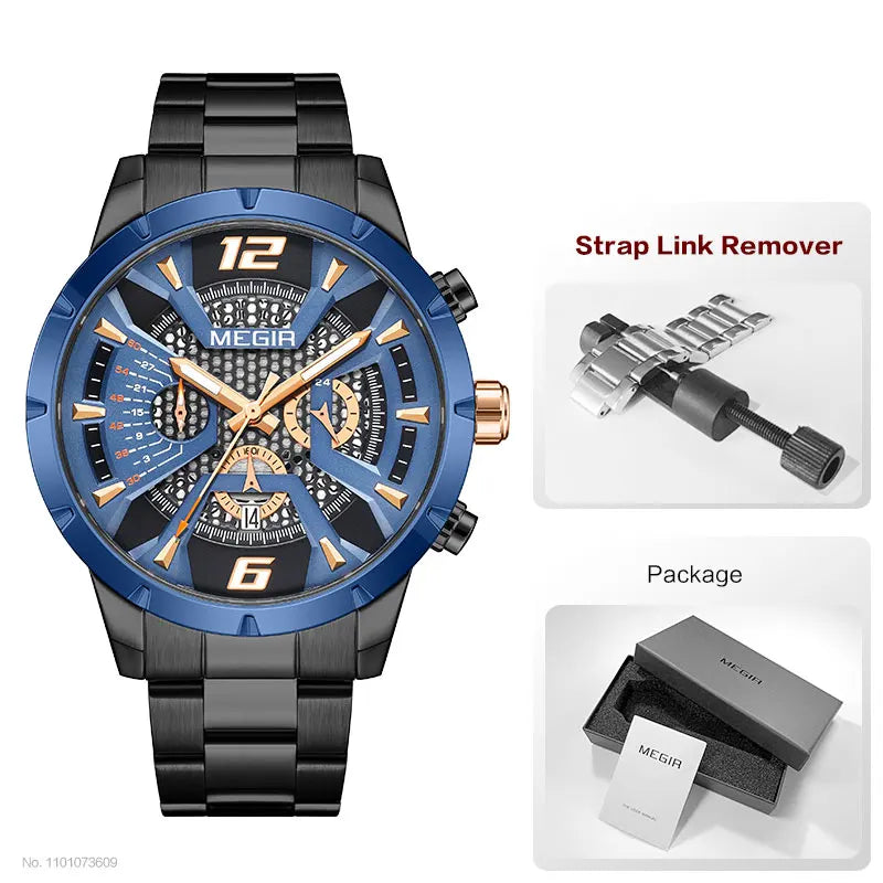 Original MEGIR Black Stainless Steel Fashion Sport Chronograph Quartz Watch - Man Gifts Shop