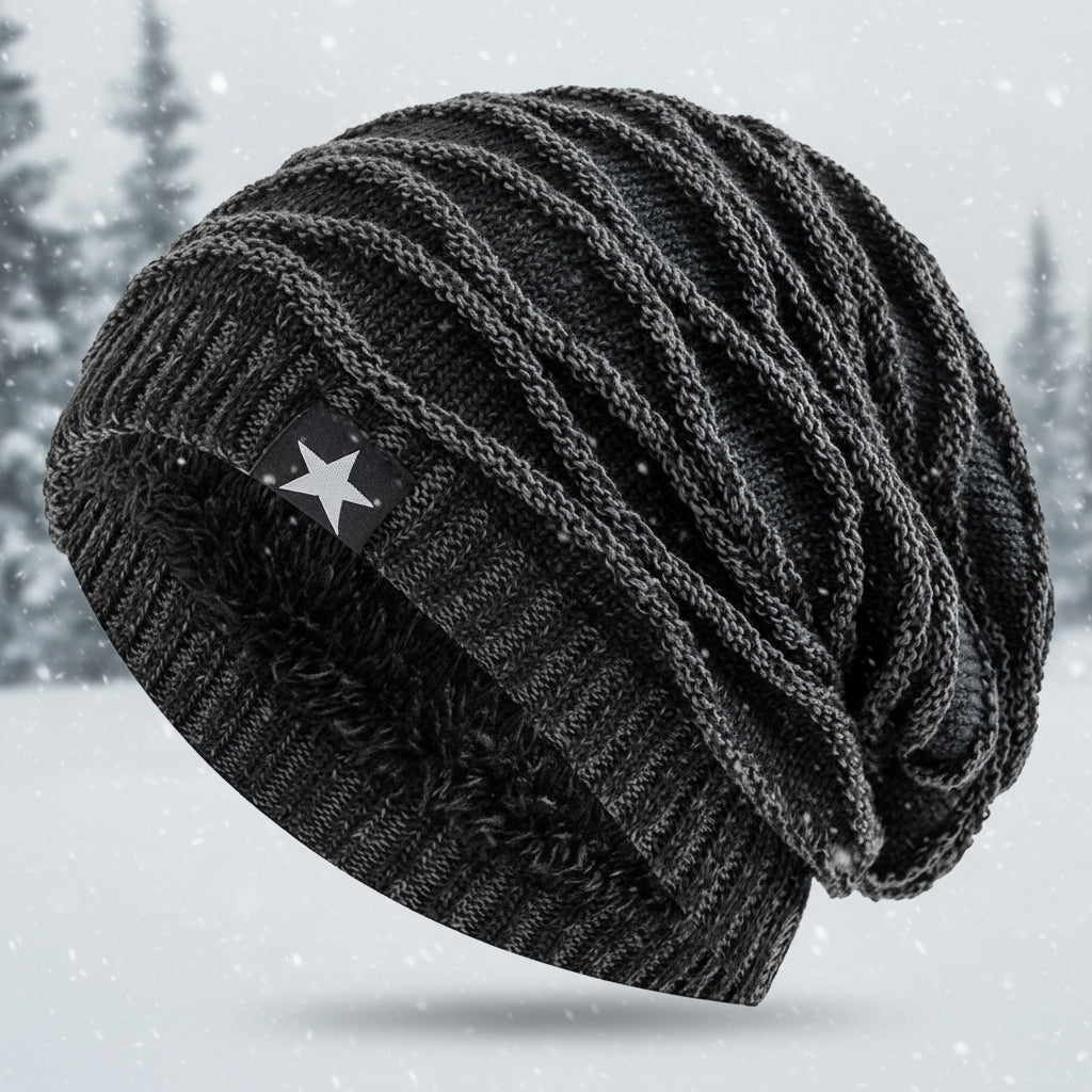 Dark gray knit beanie with a star patch on a white background