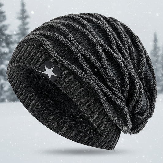 Dark gray knit beanie with a star patch on a white background