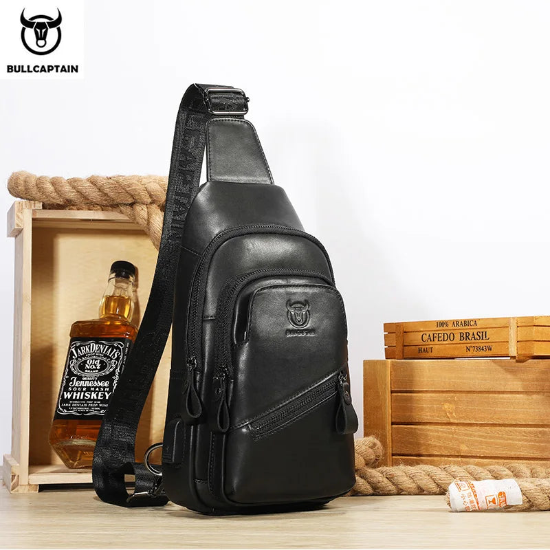 Original Bullcaptain Leather Sling Bag with USB Port – Premium Men's Chest Bag