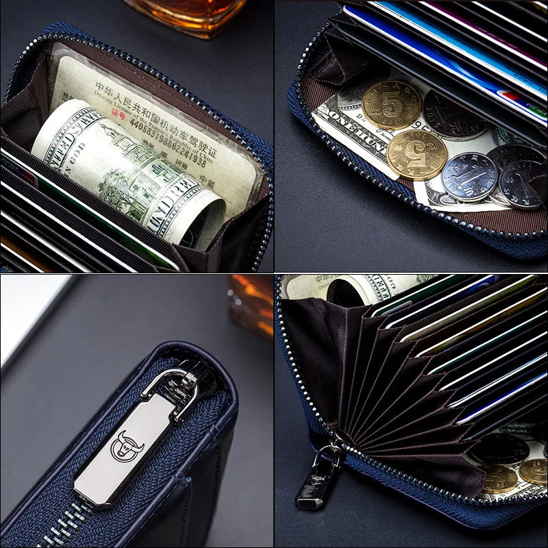 BULLCAPTAIN Genuine Leather RFID Zipper Card Holder Wallet for Men
