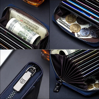 BULLCAPTAIN Genuine Leather RFID Zipper Card Holder Wallet for Men