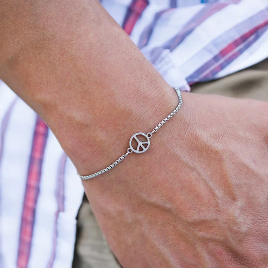 Men’s Stainless Steel Peace Symbol Anchor Bracelet – Adjustable Cuban Chain Link Gift