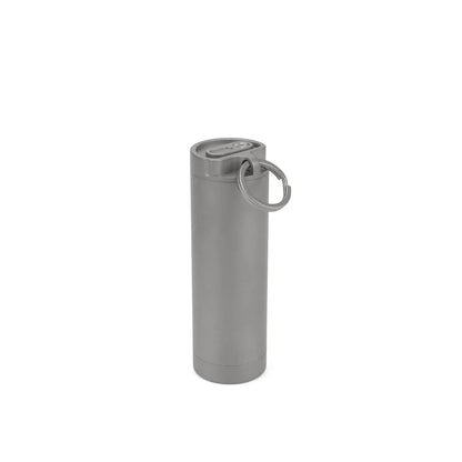 Gray cylindrical power bank with keychain ring on a white background, featuring the brand 'Advance'.