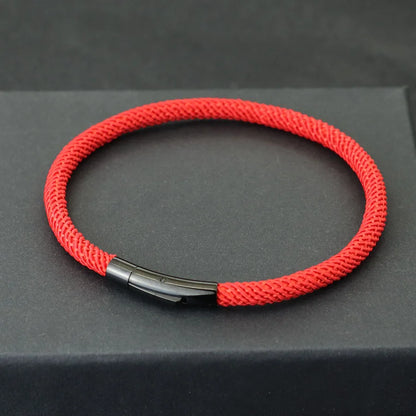 Minimalist Braided Fabric Bracelet with Secure Stainless Steel Snap Clasp Bangle, Custom Fit Red Woven Lucky Protection Jewelry Gift