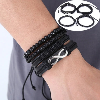 3-4pcs Vintage Leather Bracelet Set for Men – Tree of Life & Beaded Wrap Bangles