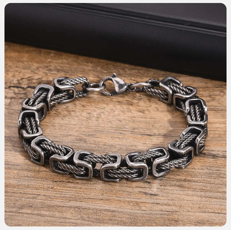 MGS Vintage 8mm Byzantine Oxidized Bold Square Links Chain Bracelet Wristband