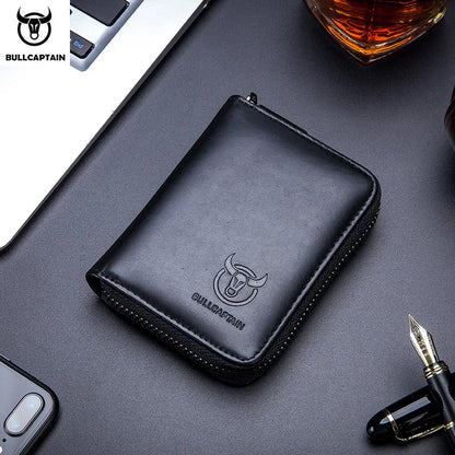 BULLCAPTAIN Genuine Leather RFID Zipper Card Holder Wallet for Men