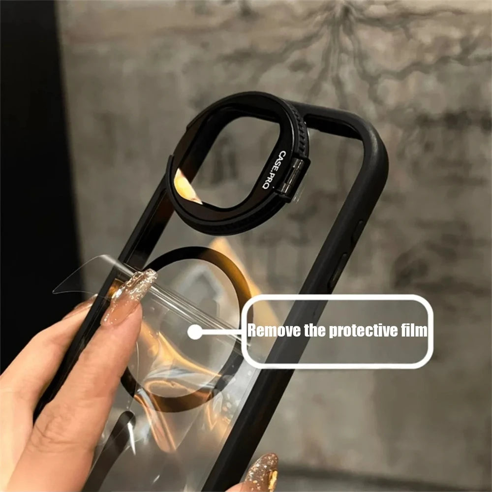 MagSafe-Compatible iPhone Case – Camera Lens Protection Flip Stand, Transparent & Shockproof