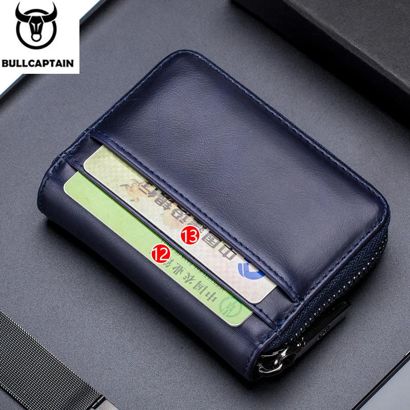 BULLCAPTAIN Genuine Leather RFID Zipper Card Holder Wallet for Men