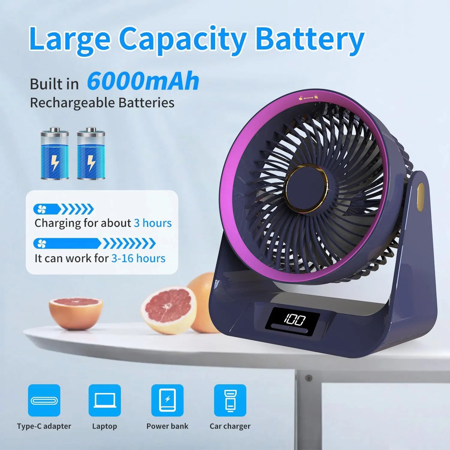 Quiet 28dB Table Air Circulator Fan - 90° Adjustable, Strong Airflow for Home & Office