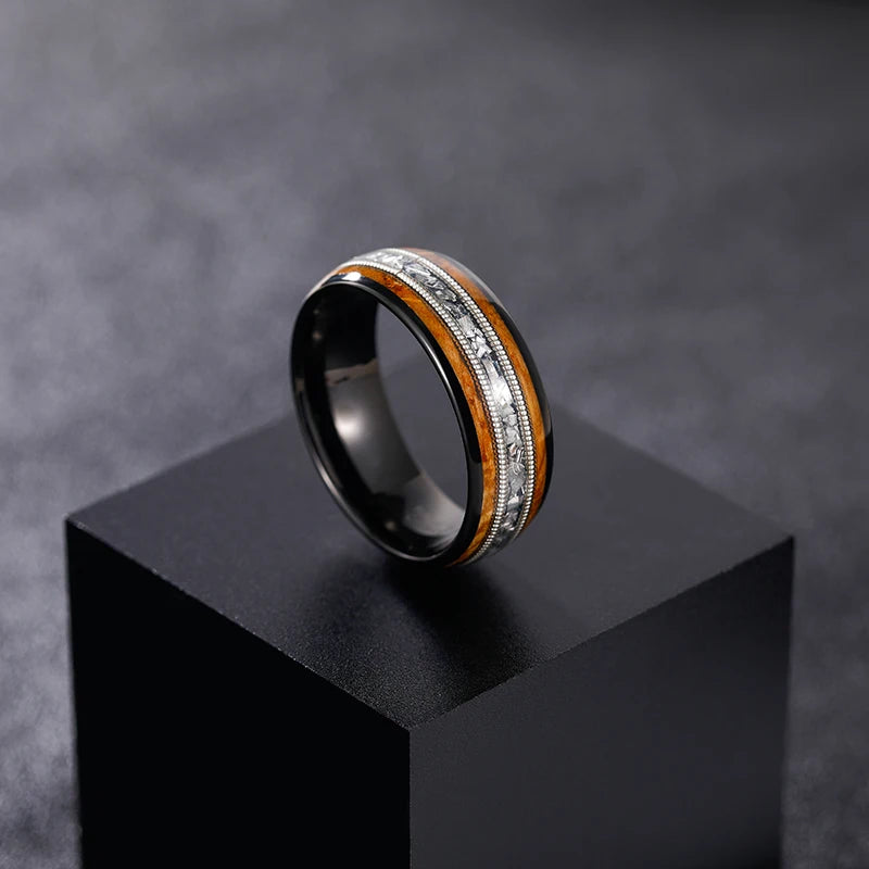 MGS 8mm Tungsten Whiskey Barrel Wood Between Guitar String Ring For Men