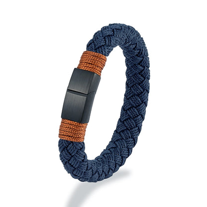 Blue braided bracelet with brown accents and a black clasp on a white background