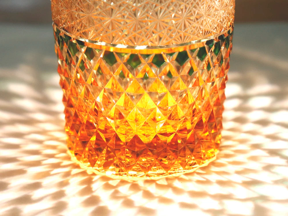 MGS Hand Cut Glass Edo Kiriko Glass Thick Wall  Whisky Drinking Amber Color 8.8oz Glass