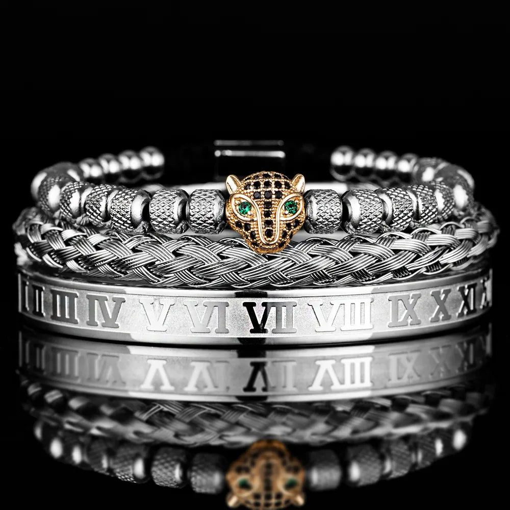 MGS Set of 3 Classical Handmade Braided Bracelets for Hip Hop Men - Featuring Pave CZ Leopard Head and Roman Numeral Design in Stainless Steel Jewelry - Man Gifts Shop