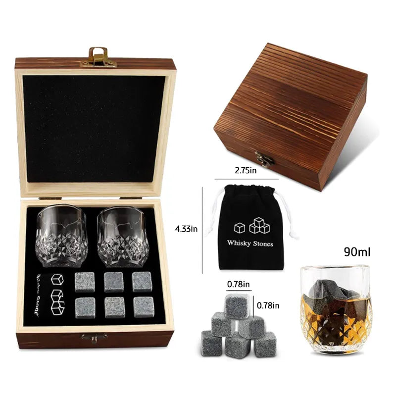 Whiskey Glass Set with 6 Pcs Whiskey Bourbon Chilling Stones in Wooden Box - Man Gifts Shop