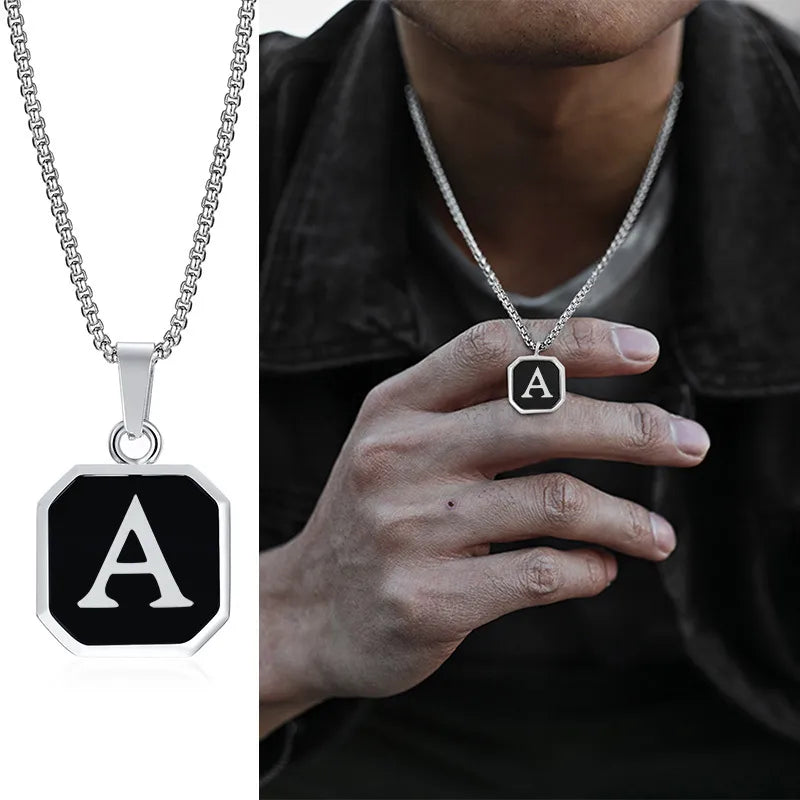 MGS Stainless Steel Square Simple Collar with A-Z Initial Letters Men Necklaces - Man Gifts Shop