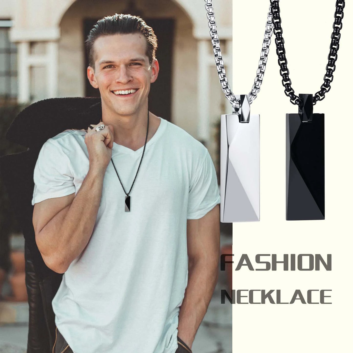 Contemporary Charm: Men's Geometric Rectangle Pendant Necklace in High-Quality Stainless Steel