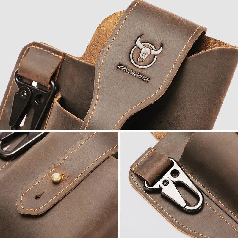 Collage of a brown leather pouch with a clip, featuring Bullcaptain branding.
