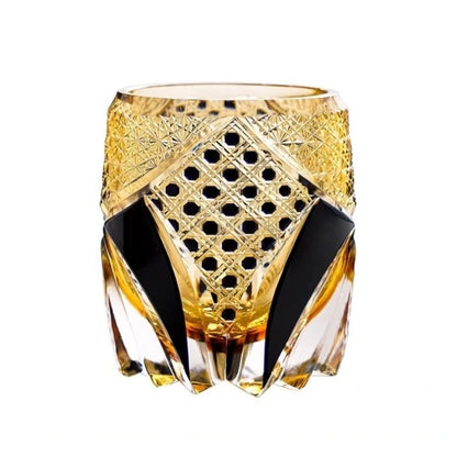 Luxury Edo Kiriko Samurai Whiskey Glass – Hand-Cut Japanese Black Warrior Armor Rock Glass with Amber Crystal Accents