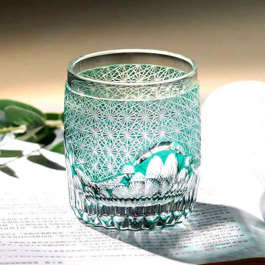 MGS Japan Edo Kiriko Whiskey Rock Hand Cut Chrysanthemum Pattern Glass