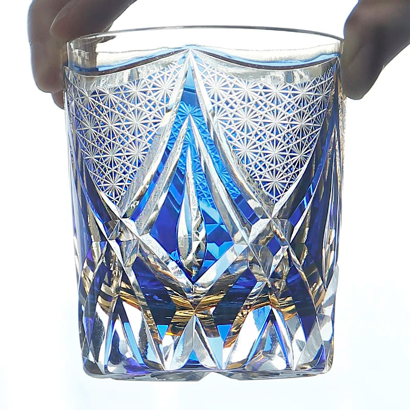 MGS Limited Edition Japanese Edo Kiriko Type Glass Manual Cut Clear Blue Crystal 7.4oz Whisky Glass