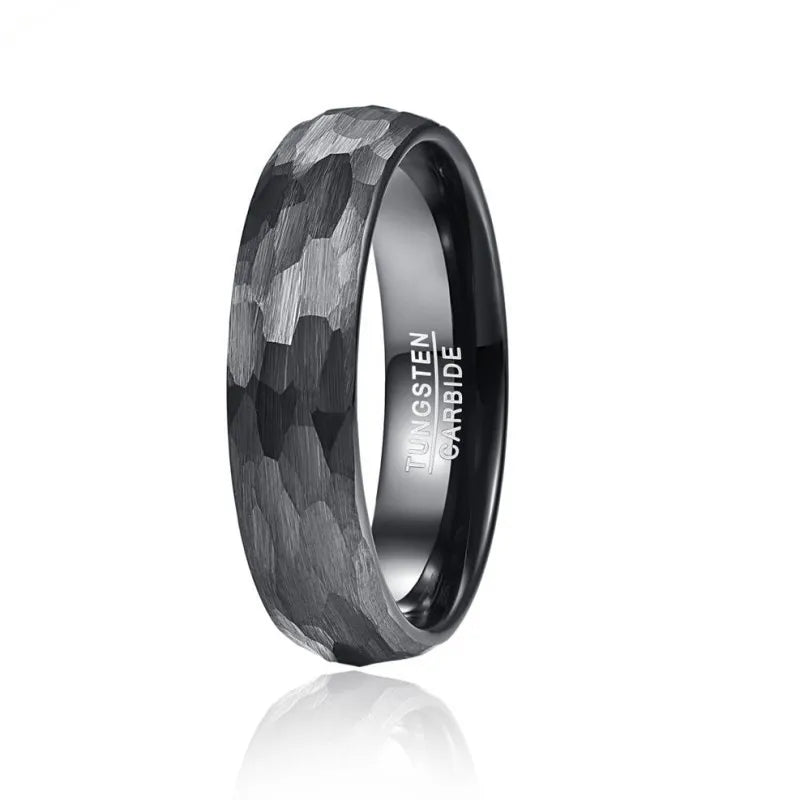 MGS Black Tungsten Carbide Multi-Faceted Hammered Brushed Finish Men Ring