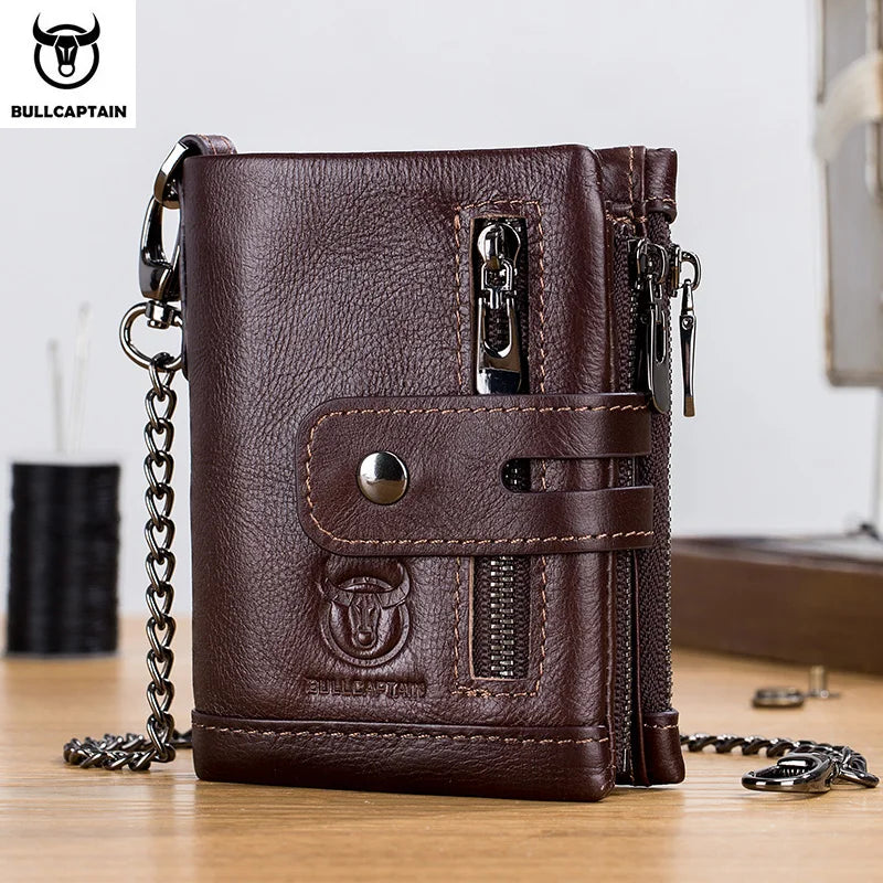 Original Bullcaptain Men’s Genuine Leather RFID Wallet with Chain and Travel-Ready Design