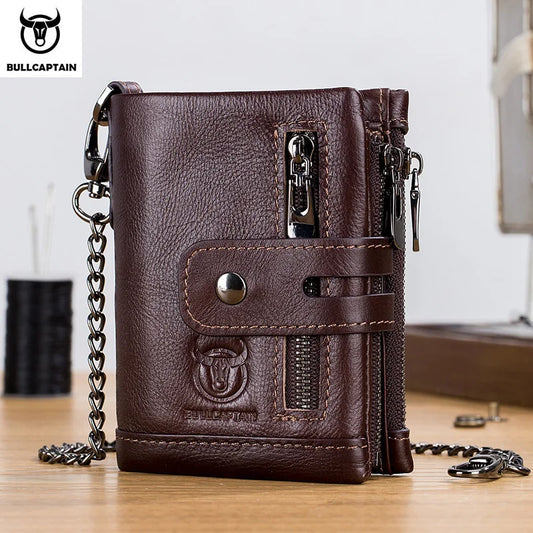 Original Bullcaptain Men’s Genuine Leather RFID Wallet with Chain and Travel-Ready Design