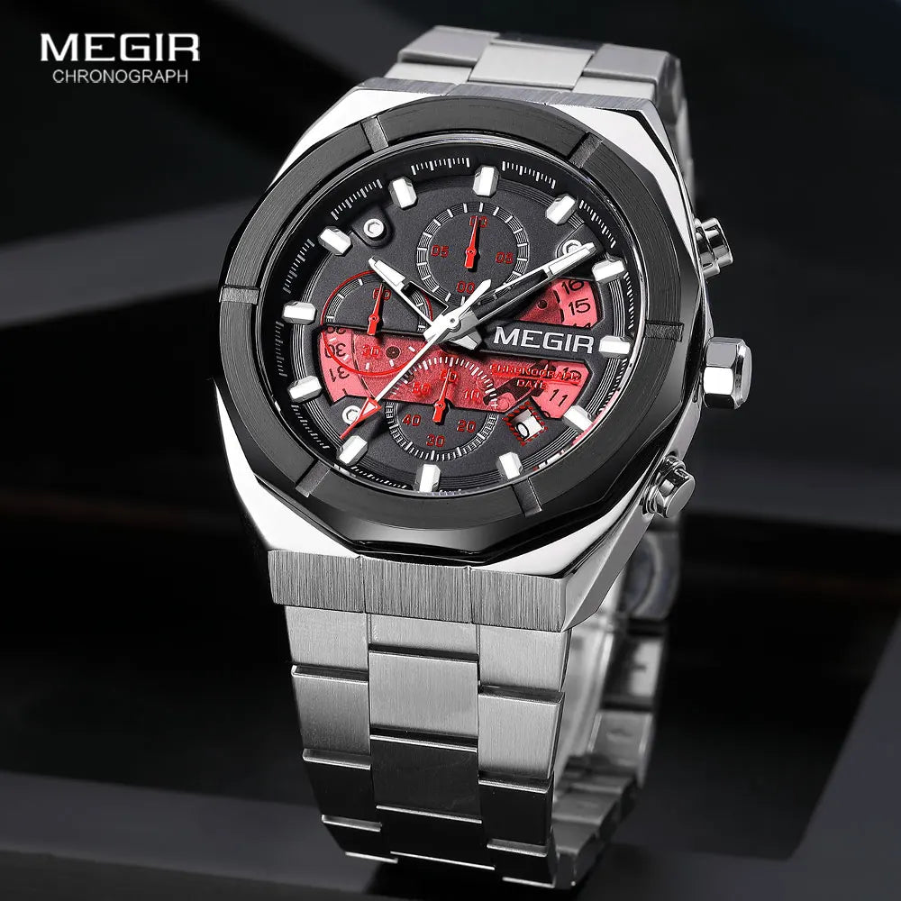 Original MEGIR Silver Quartz Stainless Steel Strap Watch with Chronograph - Man Gifts Shop