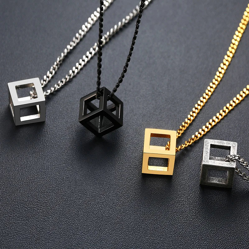 Forge Your Style: Men's Stainless Steel Cube Pendant Necklace with Curb Chain - Man Gifts Shop