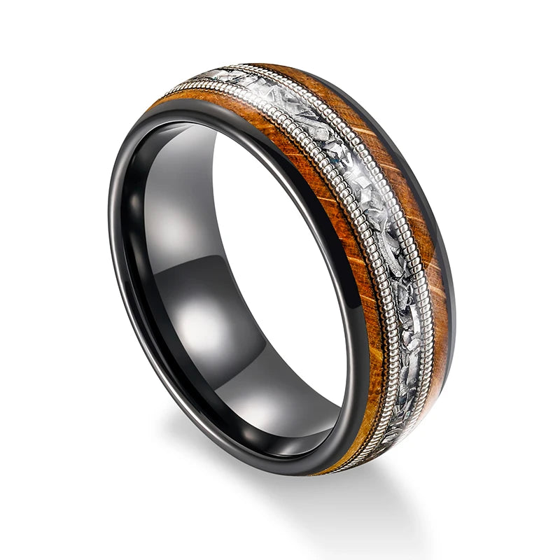 MGS 8mm Tungsten Whiskey Barrel Wood Between Guitar String Ring For Men