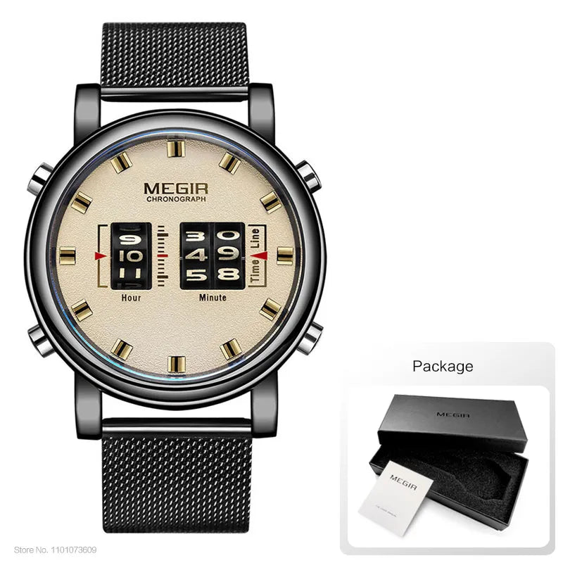 Original MEGIR Luxury Roller Pointer Quartz Stainless Steel Mesh Strap Wristwatch - Man Gifts Shop