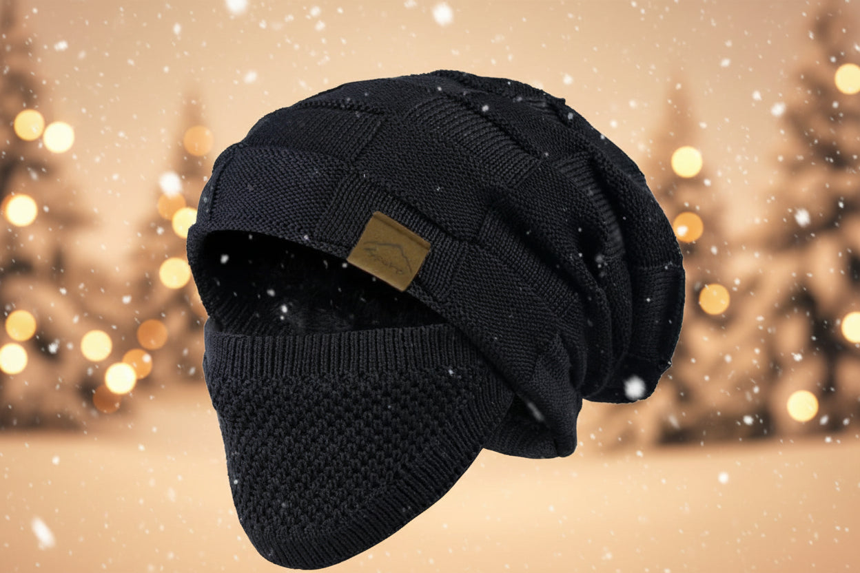 Black knit beanie with face mask on a white background