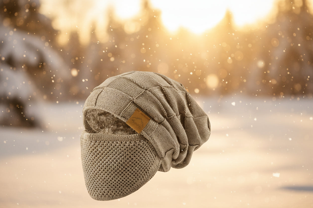 Gray knit beanie with a textured pattern on a white background