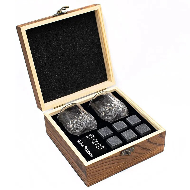 Whiskey Glass Set with 6 Pcs Whiskey Bourbon Chilling Stones in Wooden Box - Man Gifts Shop