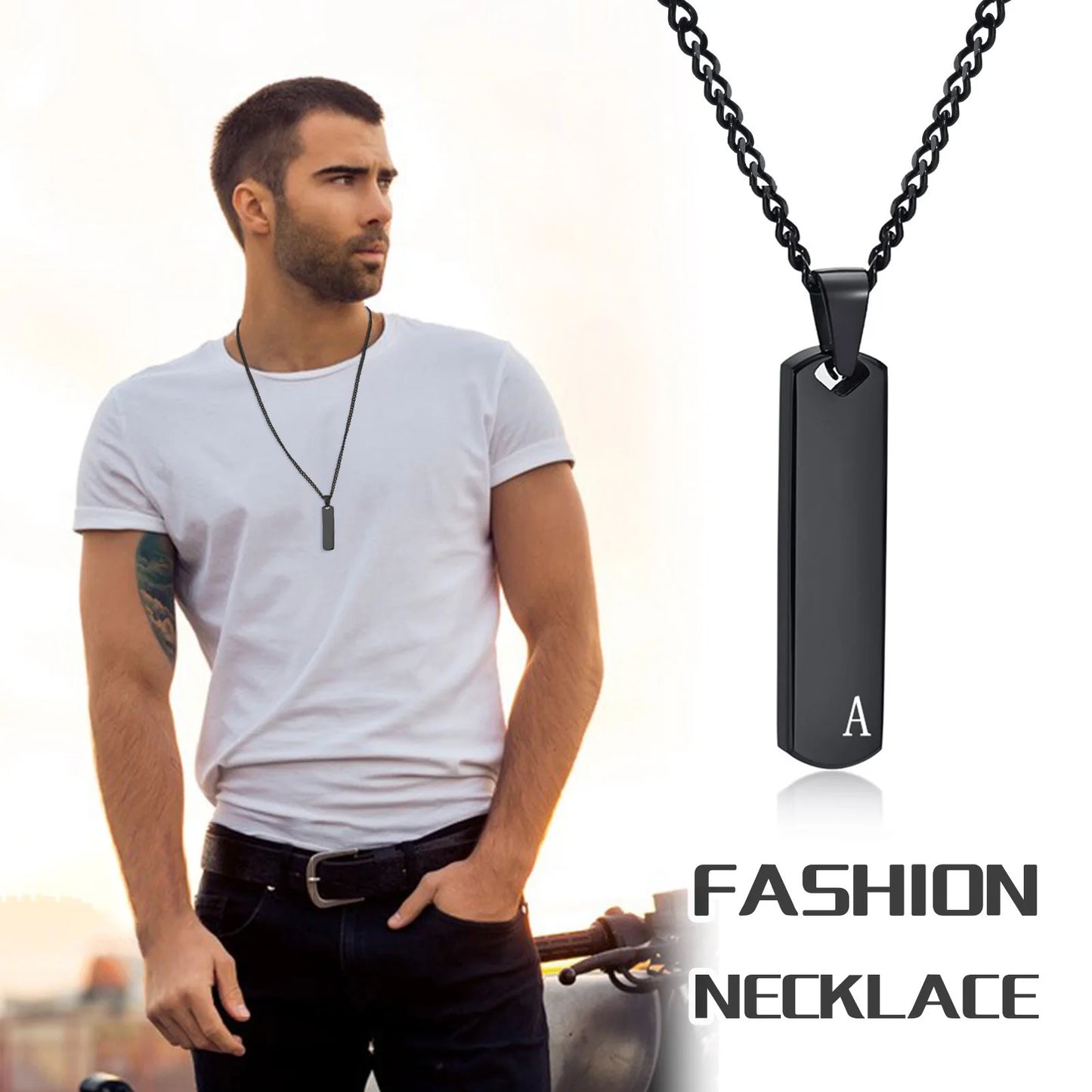 MGS Initial Bar Necklace for Men, Thick Geometric Vertical Bar Pendant with A-Z Letters - Man Gifts Shop