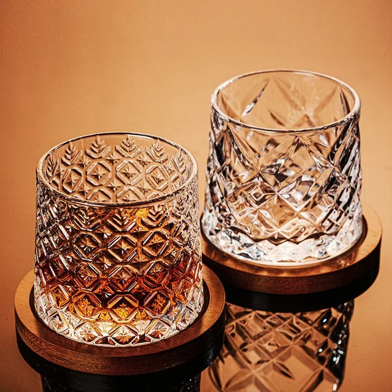 Crystal Base Tumbler: MGS Rotating Whiskey Glass - Elegant Drinkware for Home and Bar - Man Gifts Shop