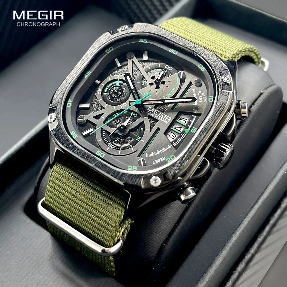 Original MEGIR Black Quartz Men Waterproof Square Dial Wristwatch with Chronograph - Man Gifts Shop