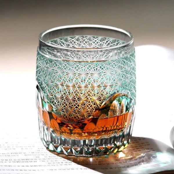 MGS Japan Edo Kiriko Whiskey Rock Hand Cut Chrysanthemum Pattern Glass