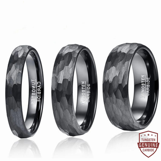 MGS Black Tungsten Carbide Multi-Faceted Hammered Brushed Finish Men Ring