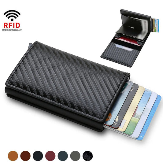 Carbon Fiber Pattern Slim Aluminum ID Credit Card Holder Automatic Pop up RFID Block Men Wallet