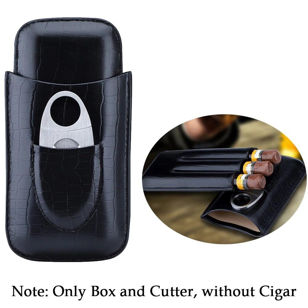 Cowhide Leather Three-Finger Portable Cigar Case with Silver Cigar Cutter - Man Gifts Shop