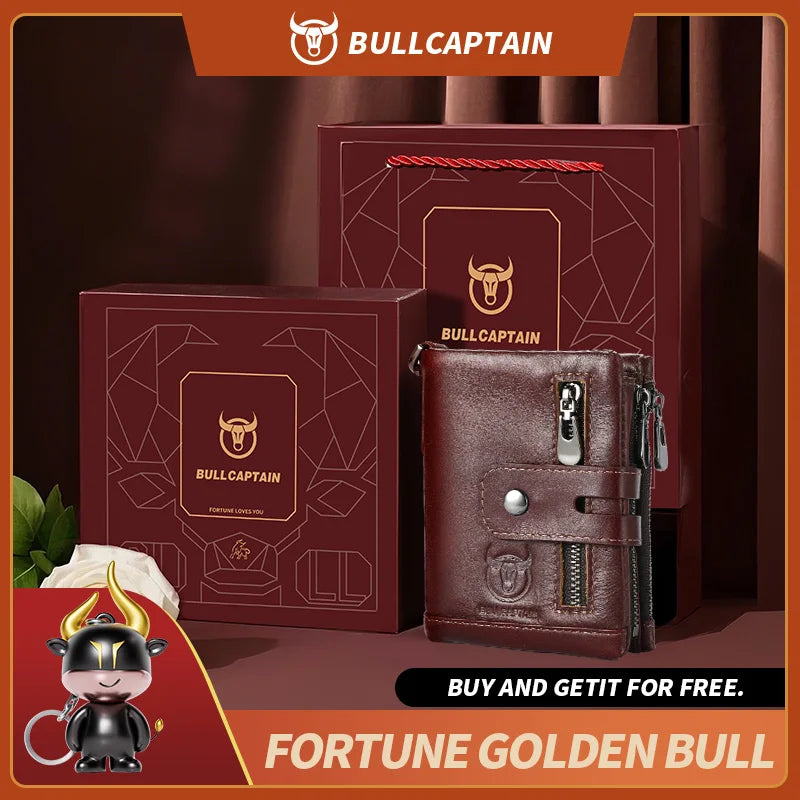 Original Bullcaptain Men’s Genuine Leather RFID Wallet with Chain and Travel-Ready Design