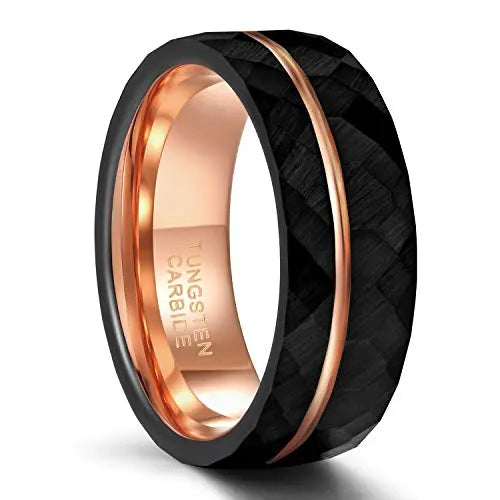 Elegance in Diversity: Black Tungsten Rings for Men and Women - Thin Rose Gold Groove, Hammered Wedding Bands in 4mm, 6mm, 8mm Widths, Comfort Fit, Sizes 5-14 - Man Gifts Shop