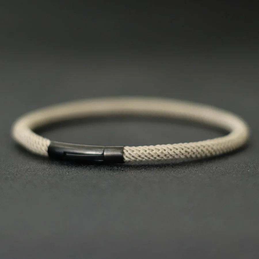 Minimalist Braided Fabric Bracelet with Secure Stainless Steel Snap Clasp Bangle, Custom Fit Khaki Woven Lucky Protection Jewelry Gift